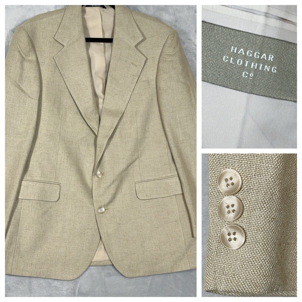 Haggar Mens Blazer Sport Coat Suit‎ Jacket 40 Beige Woven Linen Blend